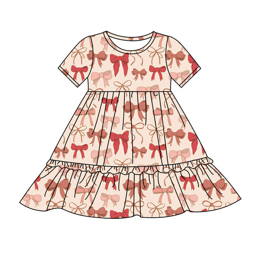 Preorder(moq 8)Baby Girls Pink Red Bows Plaid Ruffle Knee Length Dresses