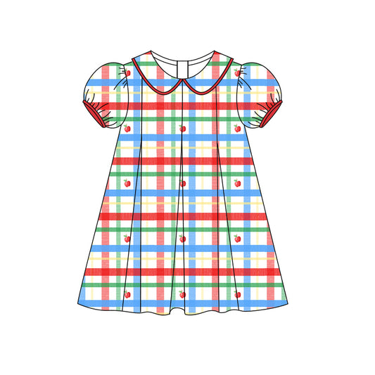 Preorder (moq 5)Baby Girls Red Short Ruffle Sleeves Plaid Apples Knee Length Dresses Preorder