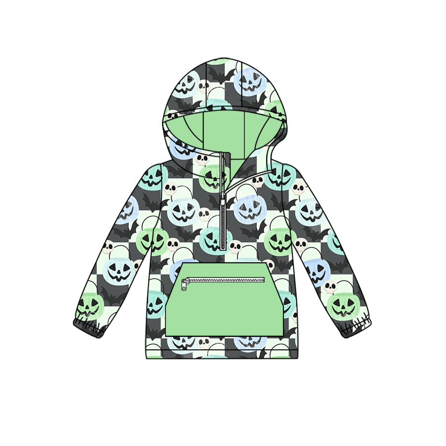 Preorder (moq 5)Baby Boys Long Sleeves Ghosts Pumpkins Plaid Zipper Pockets Hoodies Cardigan Jackets Top