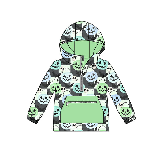 Preorder (moq 5)Baby Boys Long Sleeves Ghosts Pumpkins Plaid Zipper Pockets Hoodies Cardigan Jackets Top