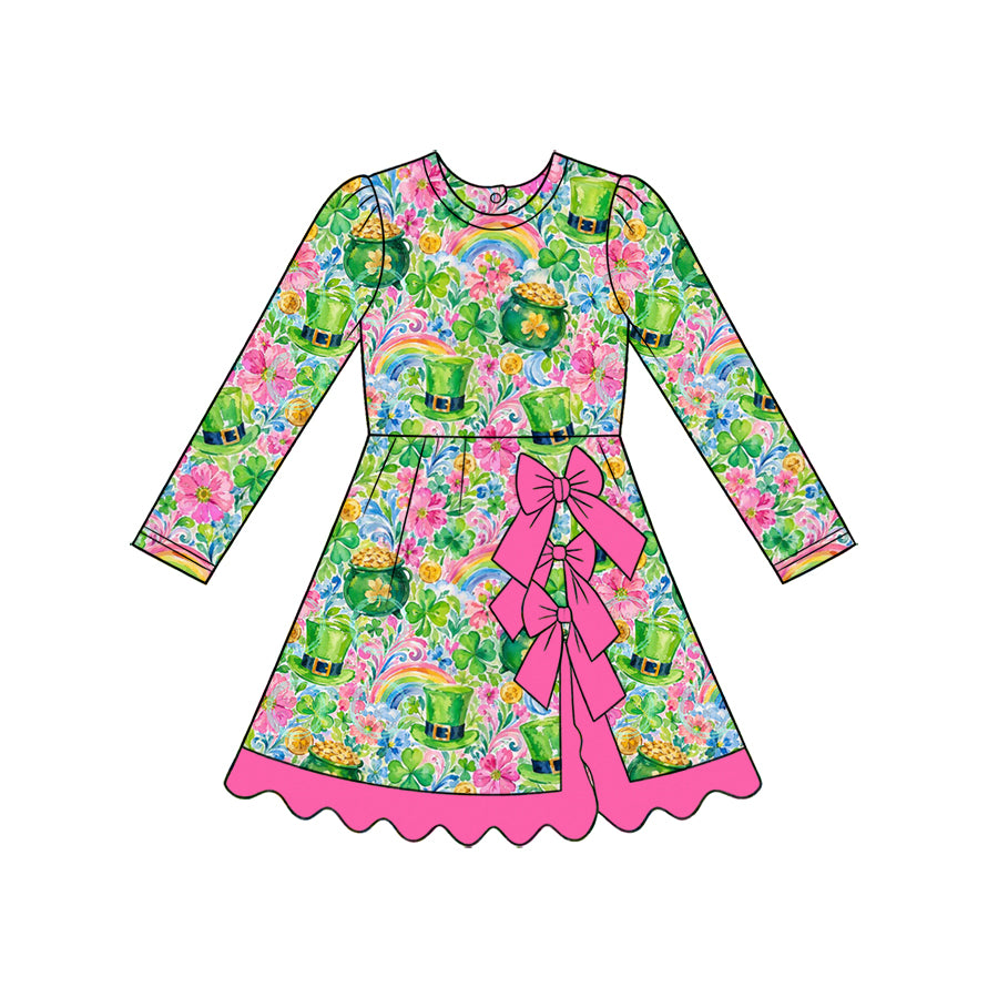 Preorder (moq 5) Baby Girl Clothes St Patrick’s Day Watercolor Gold Pot Rainbow Clover Print Long Sleeve Big Bow Pink Scalloped Hem Dress