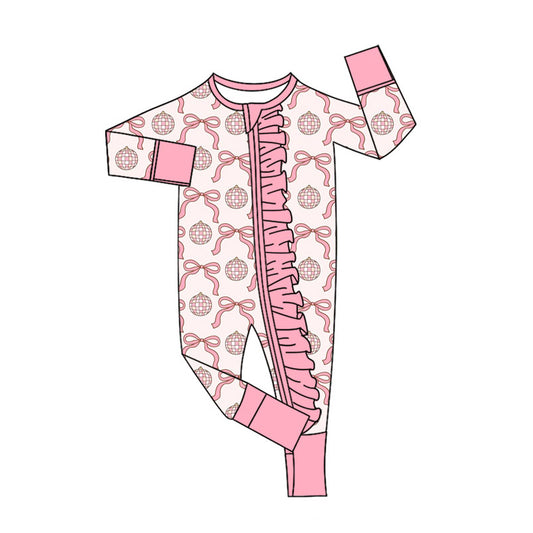 Preorder (moq 20)Baby Girls Bamboo Pink Bows Balls Western Ruffle Zippy Footie Rompers