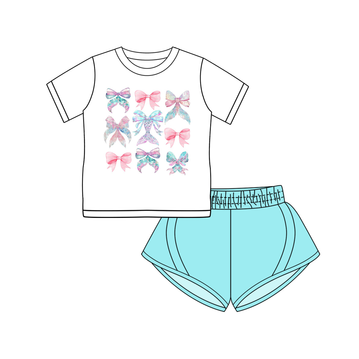 Preorder (moq 5)Baby Girls Short Sleeves Bows Mermaid Top Blue Yoga Short Set
