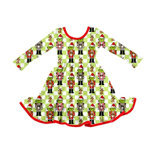 Preorder (moq 5)Baby Girls Green Face Soldiers Checked Christmas Ruffle Knee Length Dress