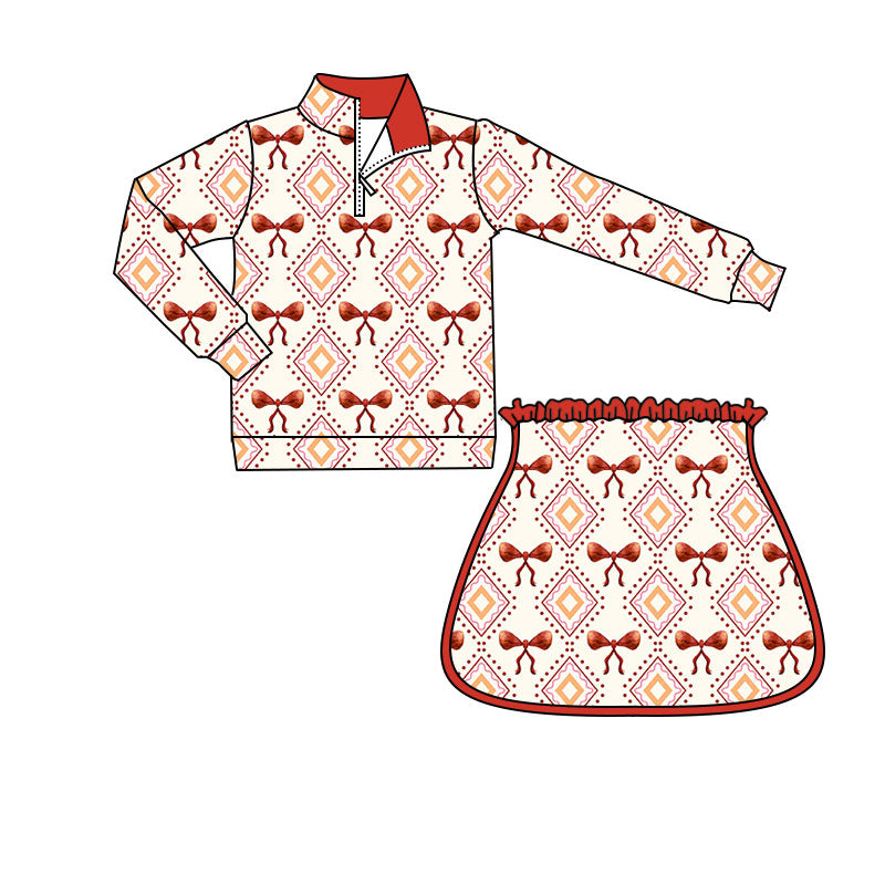 Preorder(moq 5) Baby Girls Bows Aztec Plaid Zipper Pullovers Skirt Shorts Western Clothes Sets