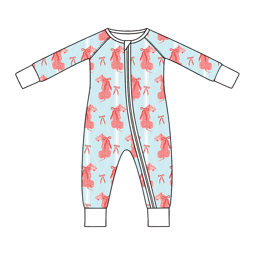 Preorder (moq 5) Baby Girl Clothes Pink Tiger Bow Argyle Print Long Sleeve Zipper Baby Romper