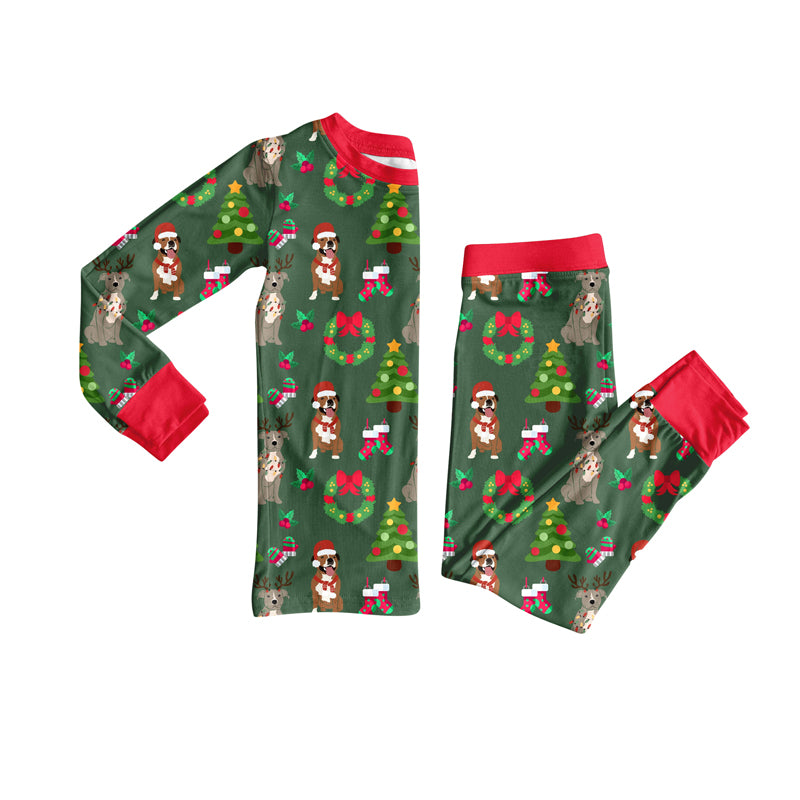 preorder(moq 5) Baby Girls Green Long Sleeves Dogs Holly Plaid Top Pants Pajamas Set