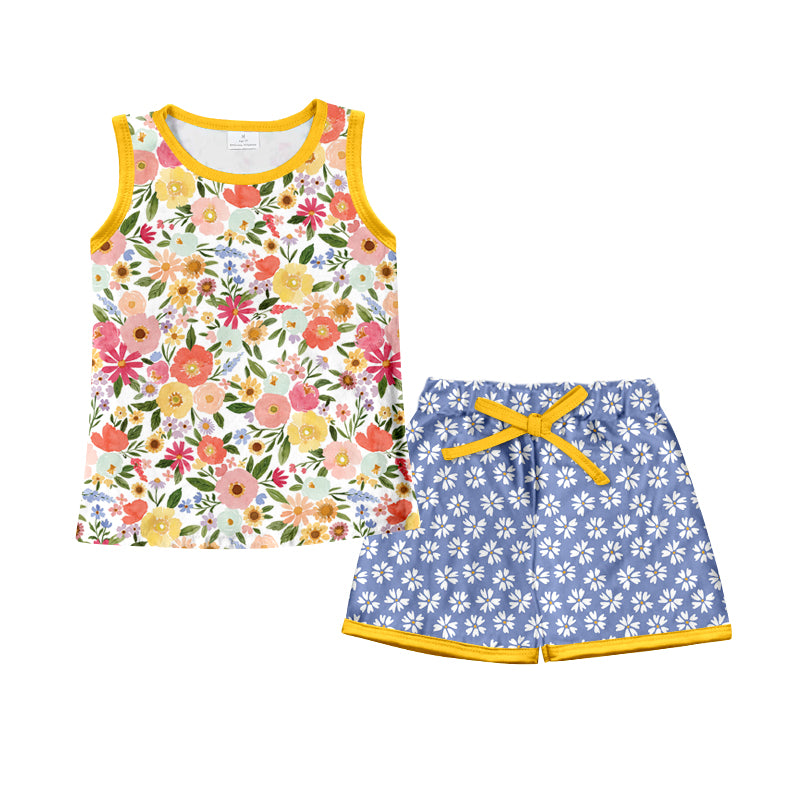 Preorder (moq 5)Baby Girls Yellow Sleeveless Floral Top Blue Shorts Clothes Sets
