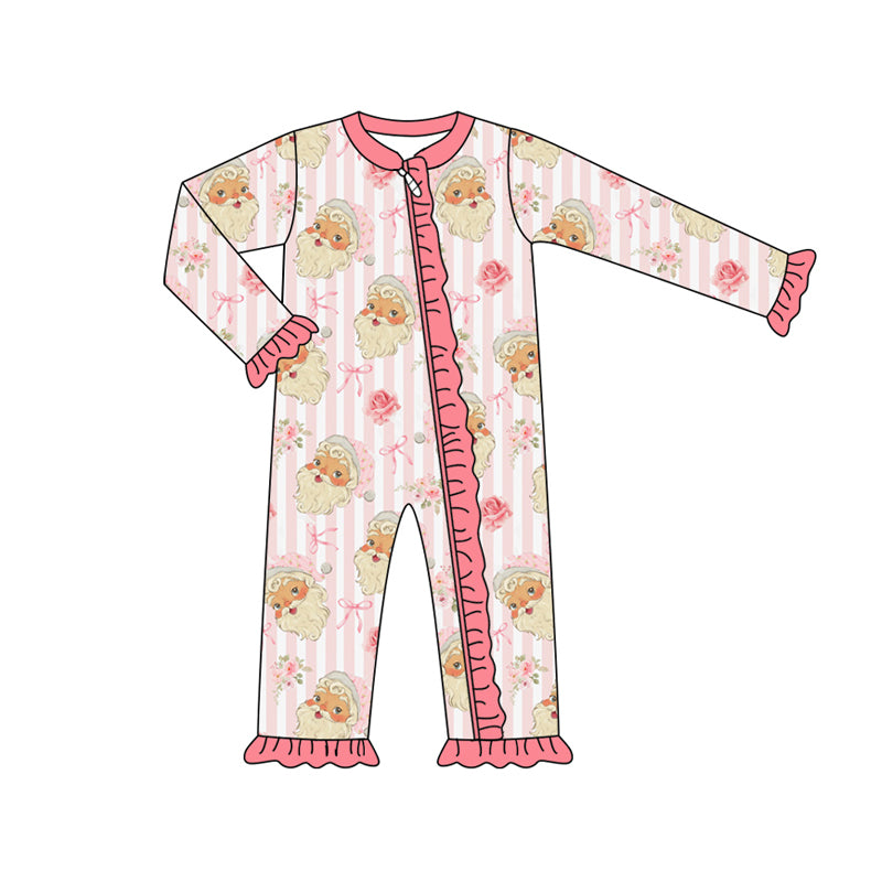 Preorder (moq 5)Baby Girls Long Sleeves Pink Bows Santa Stripes Ruffle Zipper Romper