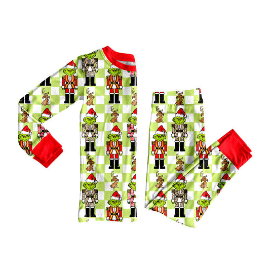 Preorder (moq 5)Baby Girls Green Face Soldiers Checked Top Pants Christmas Pajamas Sets