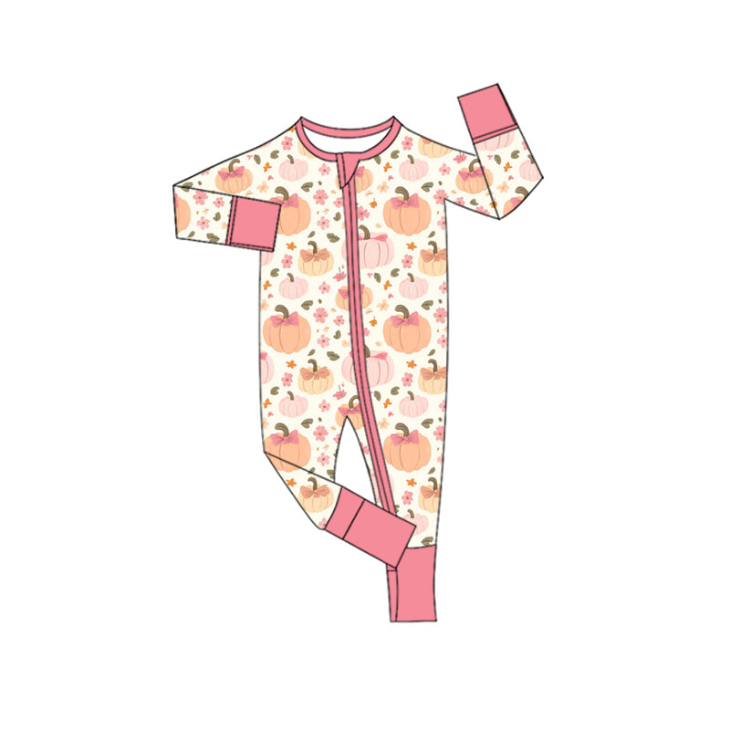 Preorder moq 5 Baby Infant Girls Pink Long Sleeves Flowers Pumpkins Plaid Zipper Romper