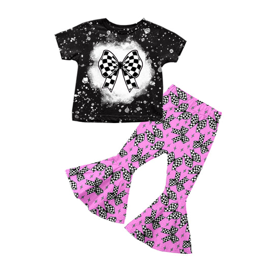 Preorder (moq 5)Baby Girls Black Short Sleeves Plaid Bows Top Pink Bell Bottom Pant Set