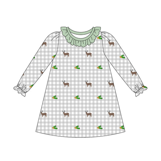 Preorder (moq 5)Baby Girls Long Ruffle Sleeve Deer Checked Hunting Knee Length Dress