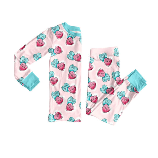 Preorder (moq 20)Baby Girls Bamboo Blue Pink Go Away Hearts Valentine Pajamas Sets