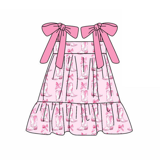 Preorder (moq 5)Baby Girls Pink Strap Bow Boots Knee Length Dresses