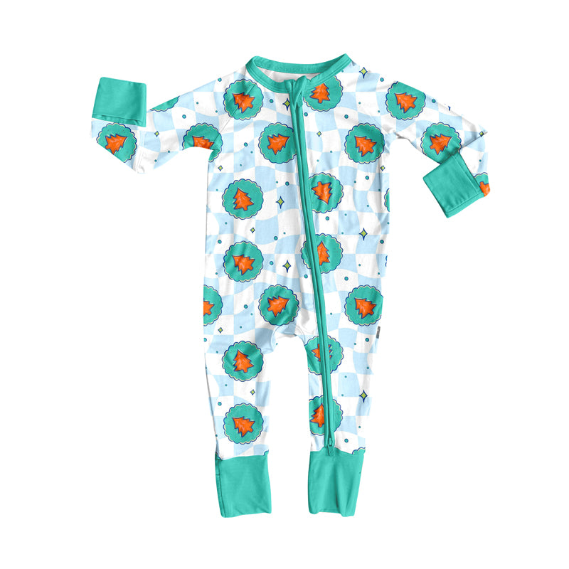 Preorder moq 5 Baby Infant Boys Long Sleeves Aqua Plaid Christmas Trees Zipper Romper