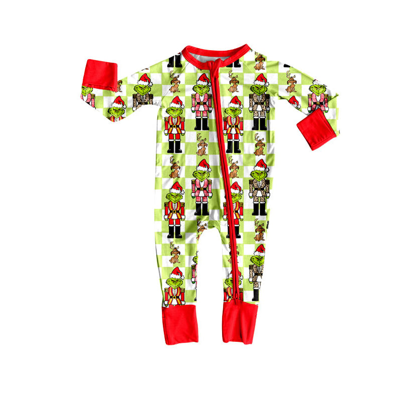 Preorder(moq 5)Baby Girls Green Face Soldiers Checked Christmas Zipper Footie Rompers