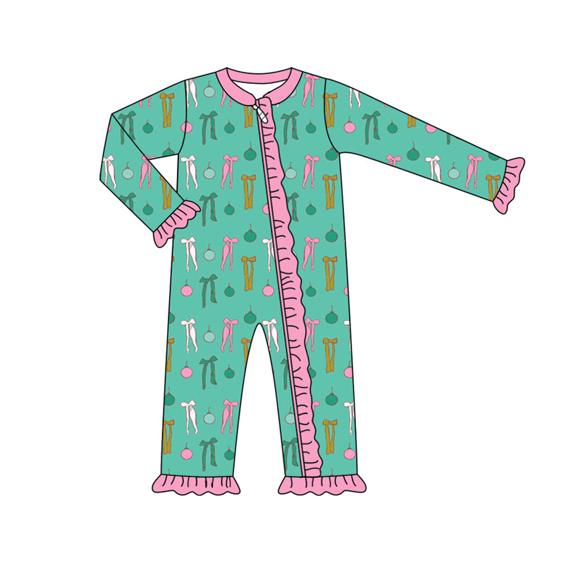 Preorder (moq 5)Baby Girls Long Sleeves Green Lights Bows Plaid Ruffle Zipper Romper