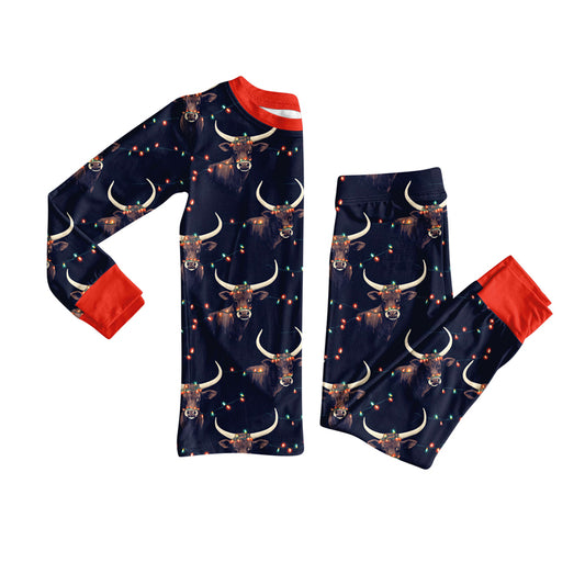 Preorder (moq 20)Baby Boys Bamboo Bull Skull Lights Christmas Pajamas Sets