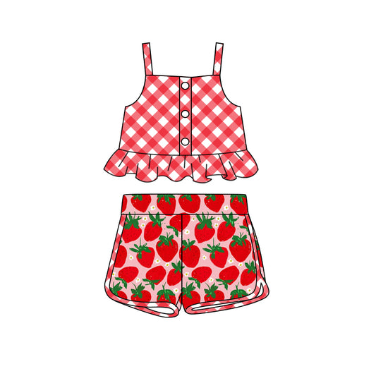 Preorder (moq 5)Baby Girls Checkered Straps Top Strawberry Shorts Clothes Sets