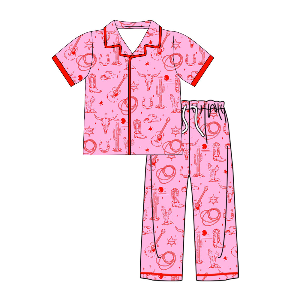 Preorder (moq 5)Baby Kids Short Sleeve Bull Skulls Cactus Button Top Pants Western Pajamas Sets