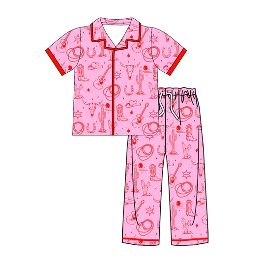 Preorder (moq 5)Baby Kids Short Sleeve Bull Skulls Cactus Button Top Pants Western Pajamas Sets