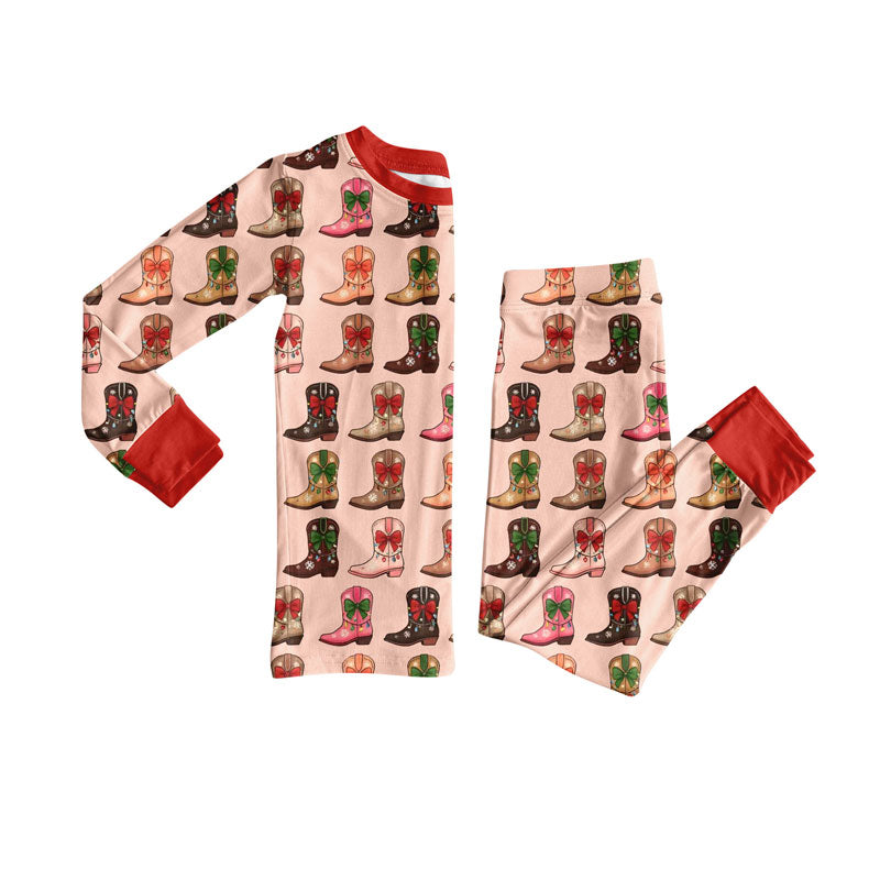 Preorder(moq 8)Baby Girls Lights Boots Checked Top Pants Christmas Pajamas Sets