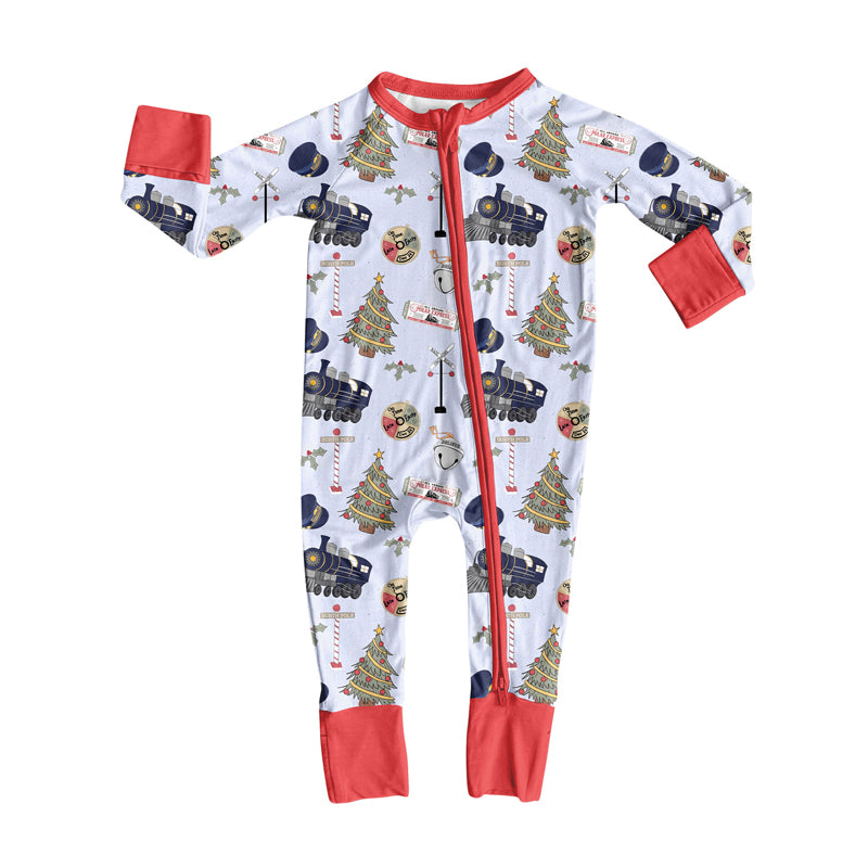 Preorder (moq 20)Baby Boys Bamboo Holly Trains Western Christmas Zippy Footie Rompers