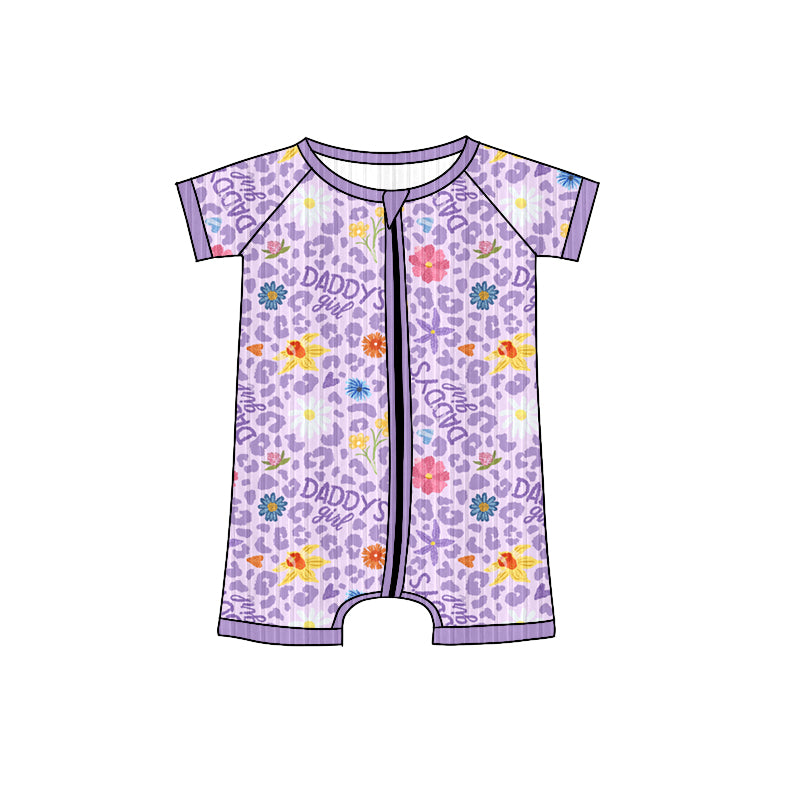 Preorder (moq 5)Baby Girls Long Sleeves Lavender Short Sleeves Daddy's Girls Flowers Zipper Romper