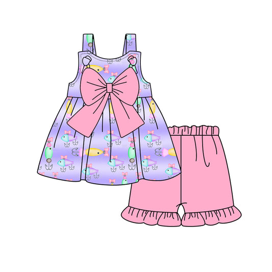 Preorder (moq 5)Baby Girls Fishing Bow Tunic Ruffle Shorts Clothes Sets