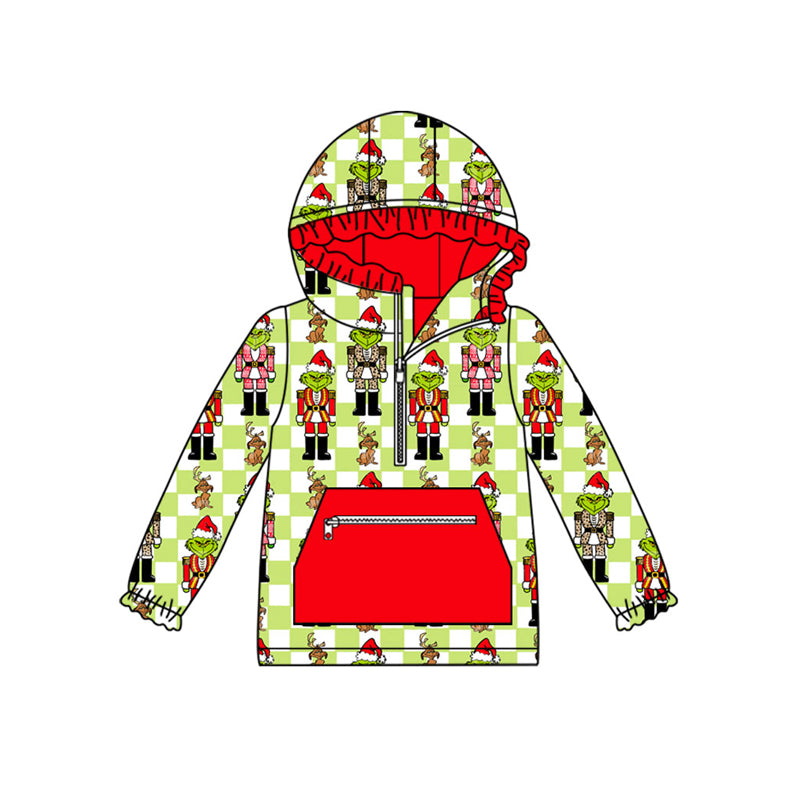 Preorder(moq 5)Baby Girls Green Face Soldiers Checked Christmas Pockets Zipper Hoodie Tops