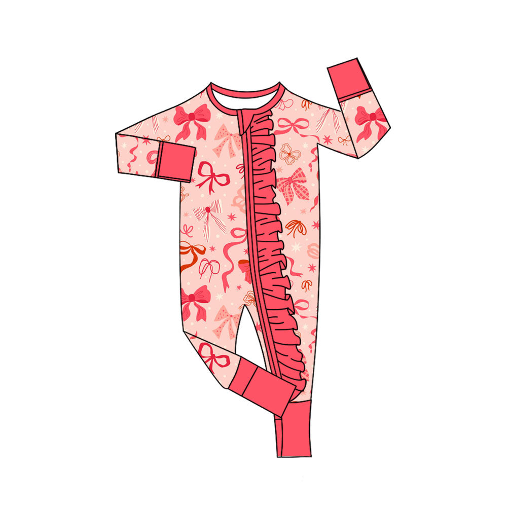 Preorder (moq 5)Baby Girls Peach Stars Bows Valentine Ruffle Zipper Footie Rompers