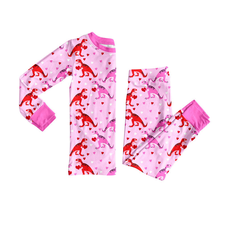 Preorder (moq 20)Baby Girls Bamboo Hearts Dinosaurs Valentines Pajamas Sets