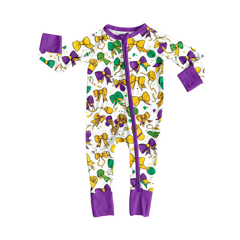 Preorder (moq 8)Baby Girls Mardigras Bows Flowers Zipper Footie Rompers