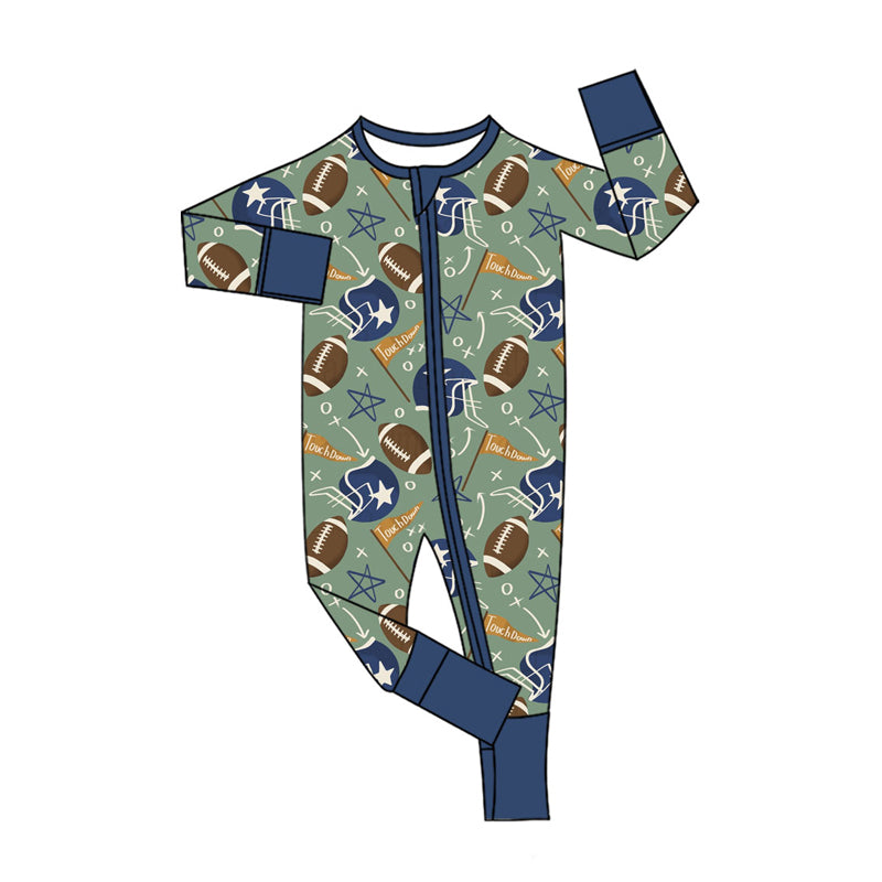 Preorder (moq 5)Baby Boys Footballs Touch Down Team Zipper Footie Rompers