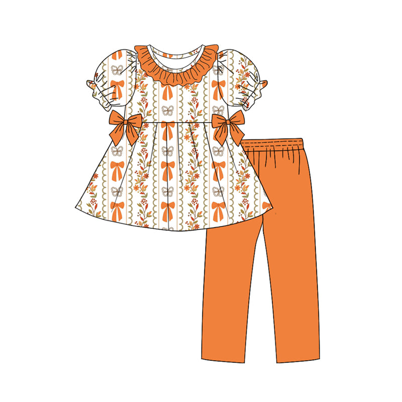 Preorder (moq 5)Baby Girls Orange Short Ruffle Sleeves Bows Butterfly Floral Tunic Legging Pant Set