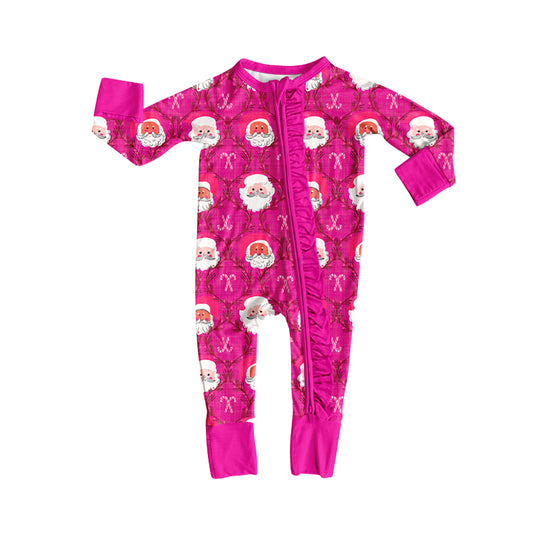 Preorder (moq 5)Baby Girls Santa Candy Cane Checked Christmas Two Way Ruffle Zip Convertible Rompers