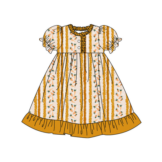Preorder(moq 8)Baby Girls Yellow Stripe Carrots Easter Button Ruffle Knee Length Dresses