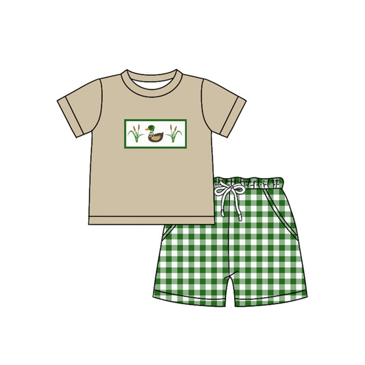 Preorder (moq 5)Baby Boys Gray Short Sleeves Duck Top Pockets Green Plaid Short Set