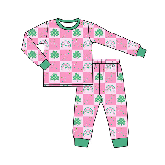 Preorder (moq 5) aby Girl Clothes St Patricks Day Checker Clover Rainbow Print Long Sleeve Pajama Pant Set