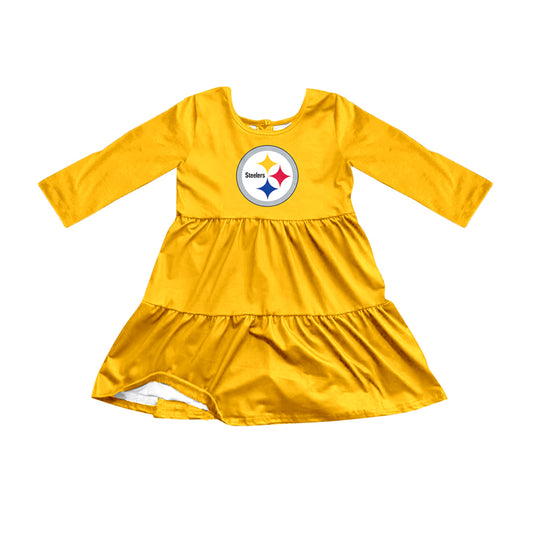 Preorder (moq 5)Baby Girls Yellow Long Sleeves Steelers Stars Shorts Team Knee Length Dresses