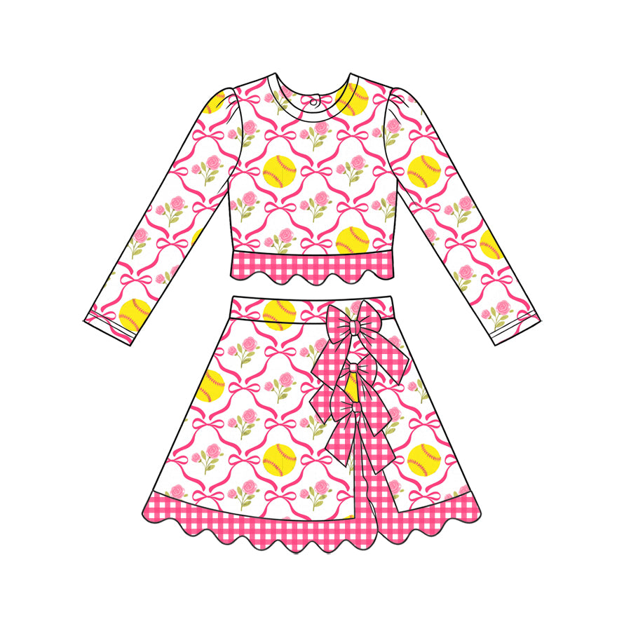 Preorder (moq 5) Baby Girl Clothes Softball Rose Bow Print Long Sleeve Crop Top Skirt Two Piece Outfit Set