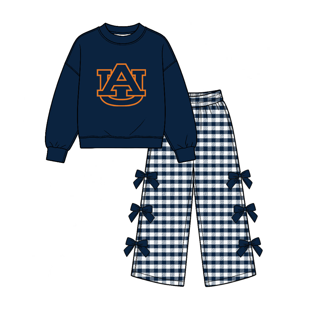 Preorder (moq 5) Baby Girl Clothes Auburn Tigers Navy Orange Graphic Long Sleeve Top Gingham Bow Wide Leg Pant Outfit Set