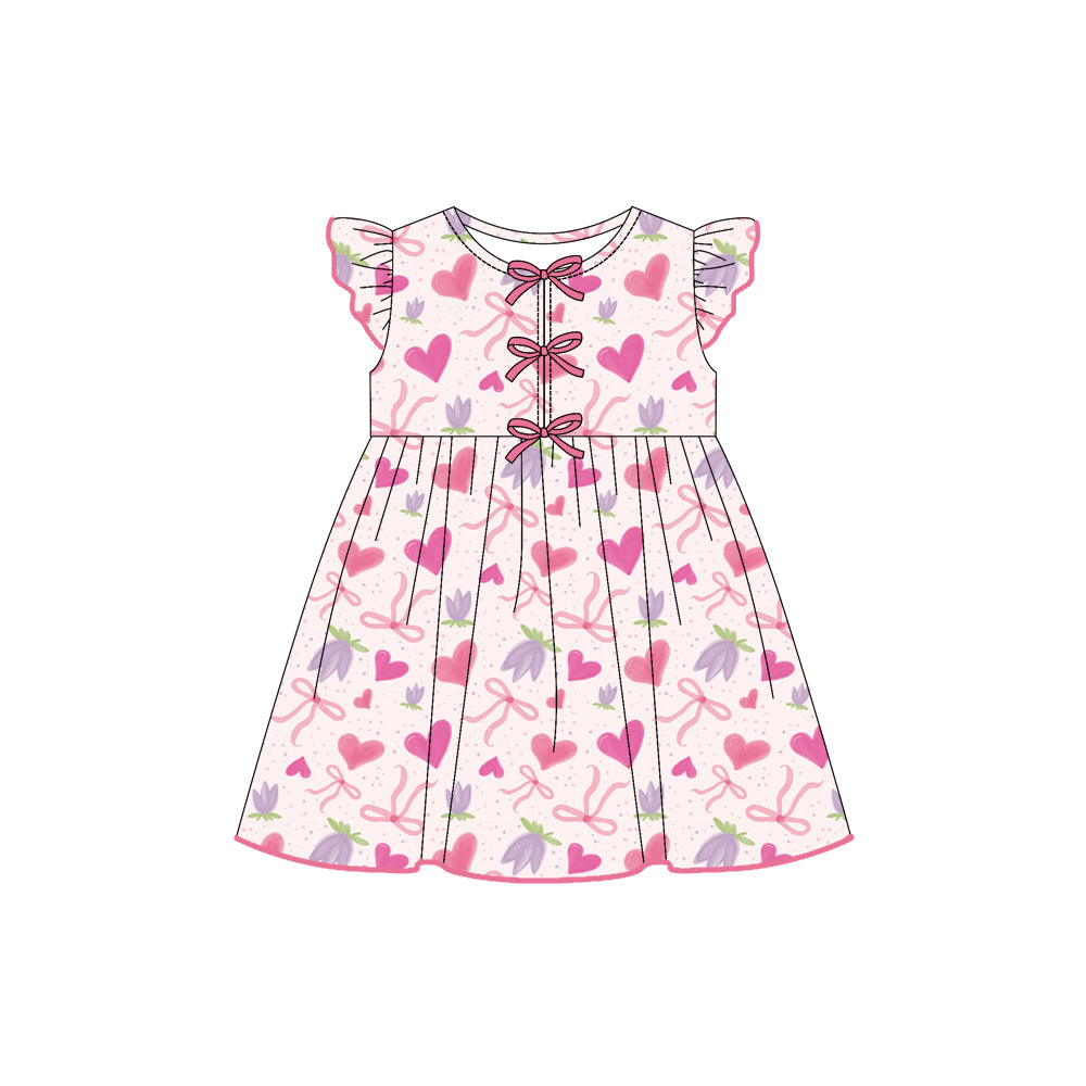 Preorder (moq 5)Baby Girls Flutter Sleeves Pink Bows Hearts Flowers Knee Length Dresses