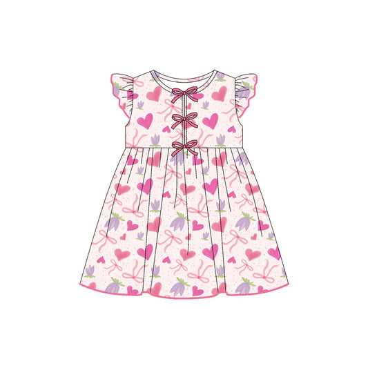 Preorder (moq 5)Baby Girls Flutter Sleeves Pink Bows Hearts Flowers Knee Length Dresses
