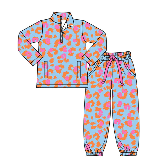 Preorder(moq 8)Baby Girls Orange Pink Leopard Zipper Pockets Pullovers Jogger Pants Clothes Set