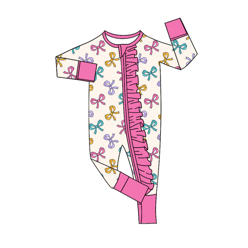 Preorder(moq 5)Baby Infant Girls Colorful Bows Plaid Ruffle Zipper Rompers