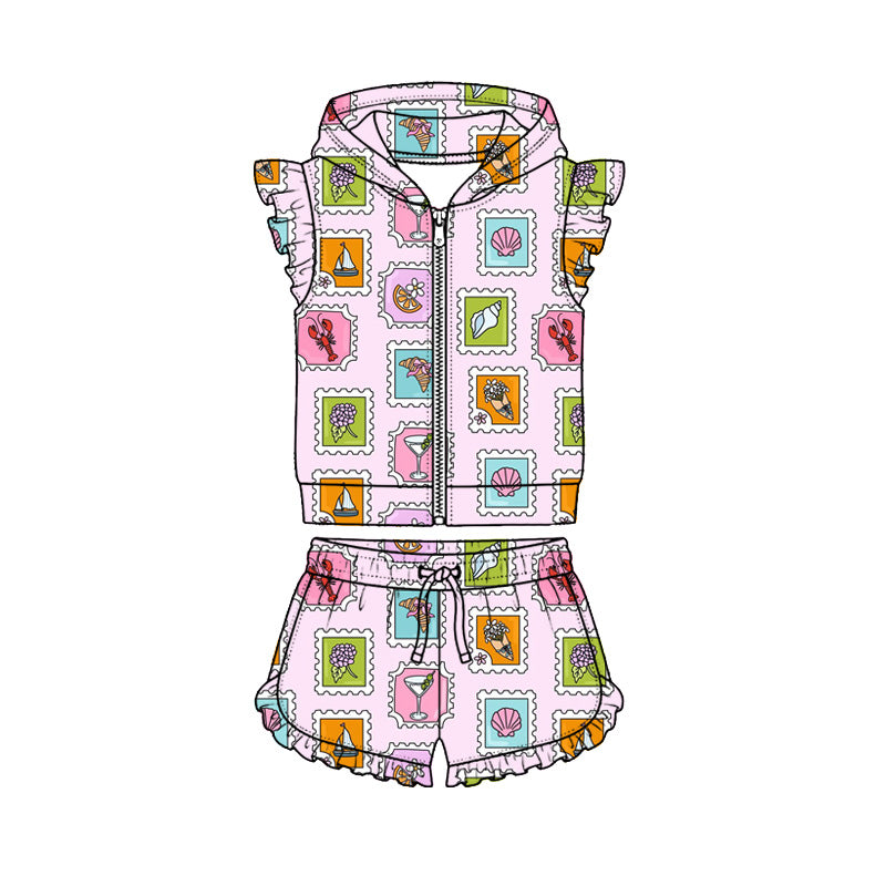 Preorder (moq 5)Baby Girls Bows Shell Starfishes Hoodie Zip Jacket Ruffle Short Clothes Sets