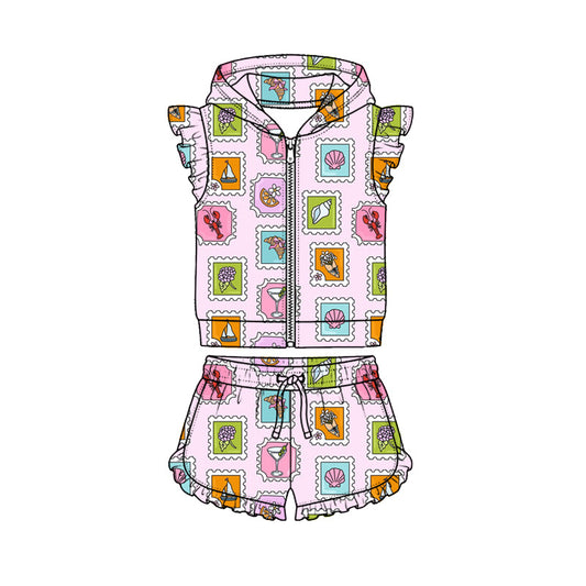 Preorder (moq 5)Baby Girls Bows Shell Starfishes Hoodie Zip Jacket Ruffle Short Clothes Sets