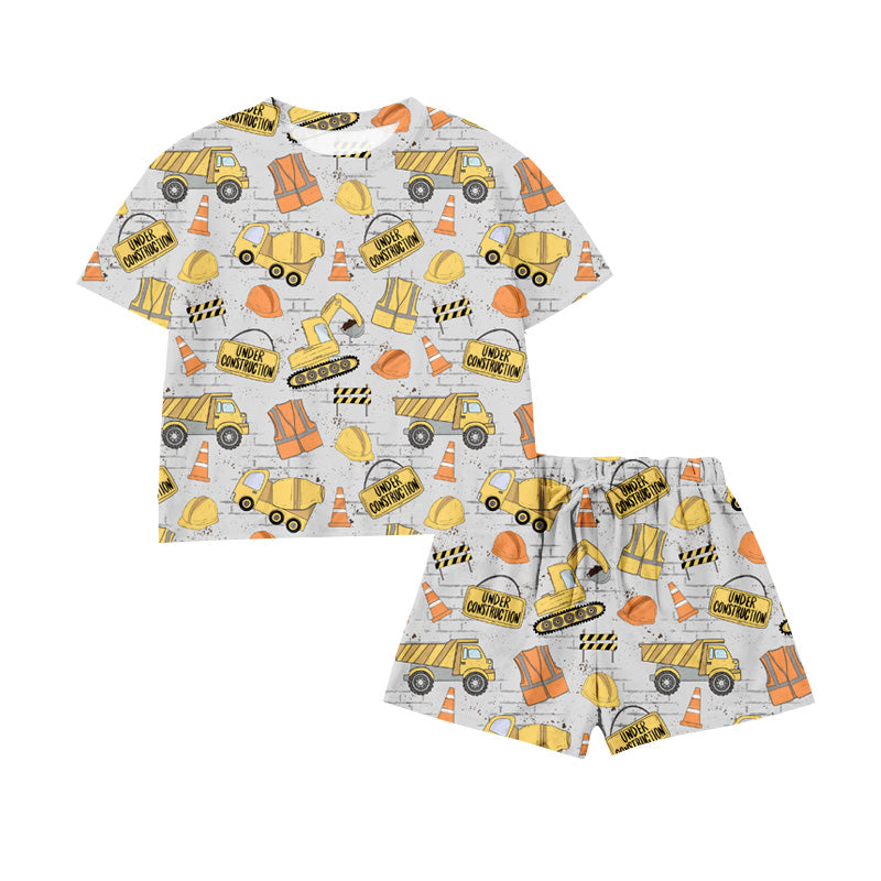 Preorder (moq 5)Baby Boys Excavators Under Construction Top Shorts Clothes Sets
